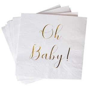 baby shower napkins - 50 pack white disposable paper luncheon cocktail napkins with gold foil "oh baby!" folded 6.5"x6.5" for baby shower party
