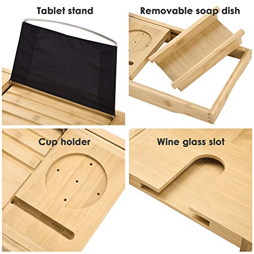 Yescom Extendable Bamboo Bathtub Caddy Tray Organizer Over Tub Rack Phone Tablet Holder 2 Side Trays with Free Soap Dish for Bathroom Spa Reading