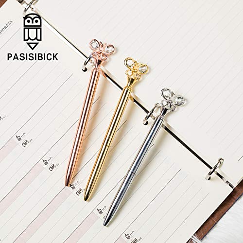 PASISIBICK Butterfly Ballpoint Pens，3 Pcs Rose Gold and Silver Metal Pens with Black Ink