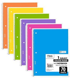 mead spiral notebooks, 6 pack, 1-subject, college ruled paper, 10-1/2" x 8”, 70 sheets per notebook, assorted colors (73065)…