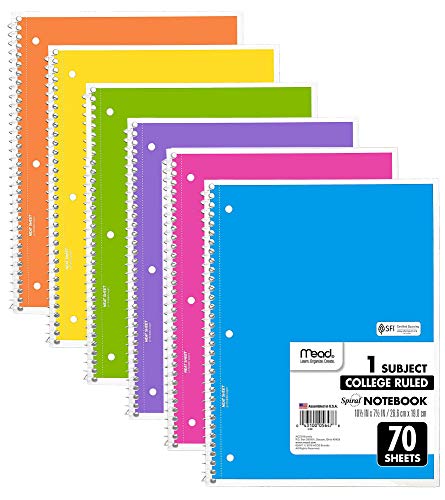 Mead Spiral Notebooks, 6 Pack, 1-Subject, College Ruled Paper, 10-1/2" x 8”, 70 Sheets per Notebook, Assorted Colors (73065)…