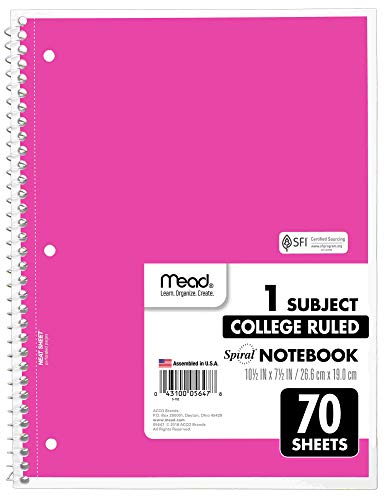 Mead Spiral Notebooks, 6 Pack, 1-Subject, College Ruled Paper, 10-1/2" x 8”, 70 Sheets per Notebook, Assorted Colors (73065)…