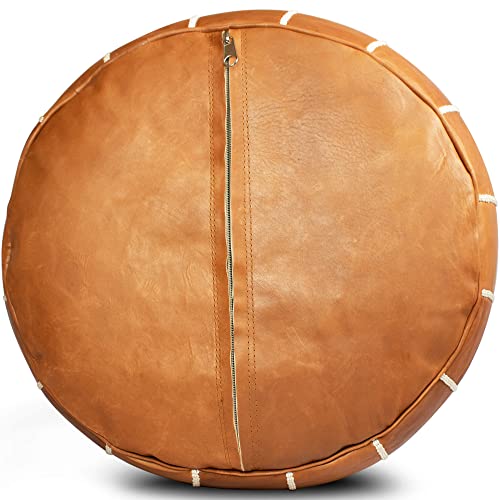 MARRAKESH STYLE Comfortable Leather Ottoman Pouf - Handmade Unstuffed Moroccan Pouf Cover - Round Pouf & Foot Rest Ottoman - Perfect for Living Rooms Bedrooms & Kids Room - Brown