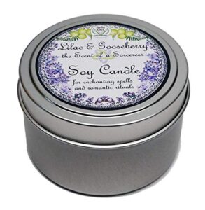 lilac and gooseberry scented soy candle tin | 5 ounces hand poured | clean burning soy wax | yennefer scent of a sorceress by bella des natural beauty