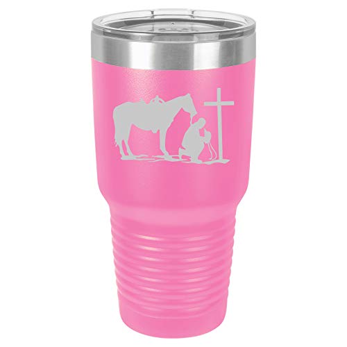 Tumbler Stainless Steel Vacuum Insulated Travel Mug Cowboy Praying Cross Horse (Hot-Pink, 30 oz)