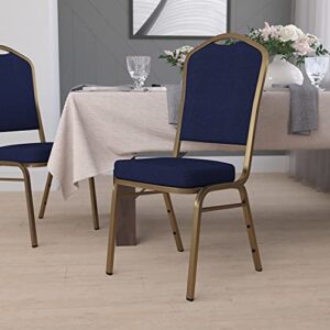 emma + oliver crown back banquet chair, navy blue patterned fabric/gold frame