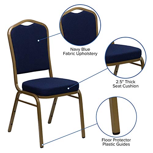 EMMA + OLIVER Crown Back Banquet Chair, Navy Blue Patterned Fabric/Gold Frame