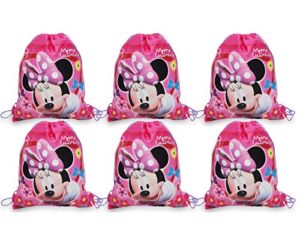 disney [6-pack] minnie mouse 14-inch sling bags drawstring cinch sack totes, pink