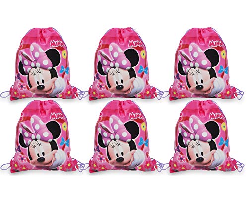 Disney [6-Pack] Minnie Mouse 14-inch Sling Bags Drawstring Cinch Sack Totes, Pink