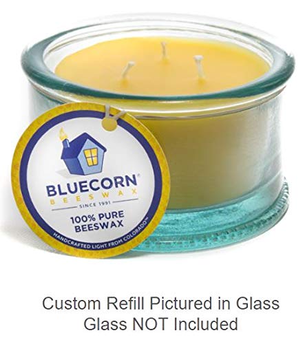 Bluecorn Beeswax 100% Recycled Spanish Glass Beeswax Candle - 3 Wick - Unscented Raw Beeswax - Refill