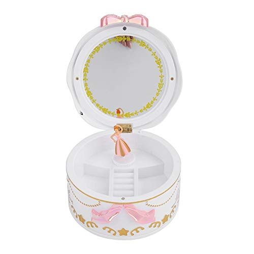 Music Boxes For Girls, Round Music Box for Girls With Mirror, Miniature 360 Degree Rotary Girl And Jewelry Storage Functional Baby Toys(White)