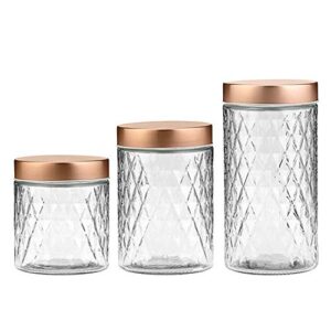 amici home desmond glass canister | set of 3 | dry food storage container with airtight copper lid | clear glass jar for kitchen & pantry organization | 32, 48, & 60 oz