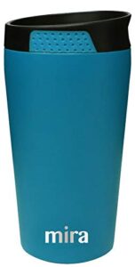 mira 12 oz stainless steel insulated coffee travel mug for coffee, tea - press lid tumbler - vacuum insulated coffee thermos cup keeps hot or cold - hawaiian blue