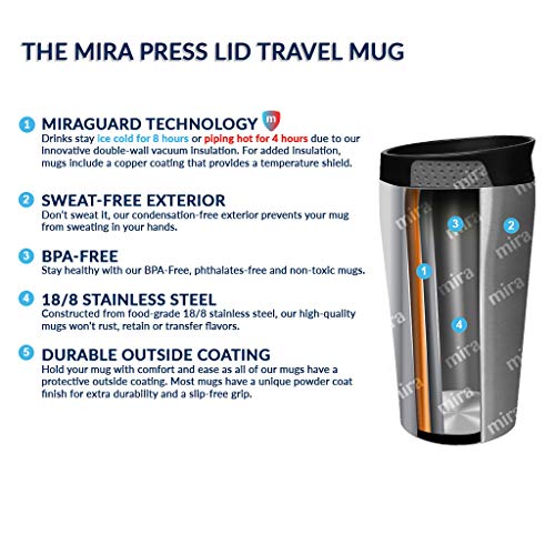 MIRA 12 oz Stainless Steel Insulated Coffee Travel Mug for Coffee, Tea - Press Lid Tumbler - Vacuum Insulated Coffee Thermos Cup Keeps Hot or Cold - Hawaiian Blue