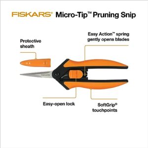 Fiskars Micro-Tip Pruning Snips - 6" Garden Shears with Sharp Precision-Ground Non-Coated Stainless Steel Blade - Gardening Tool Scissors with SoftGrip Handle