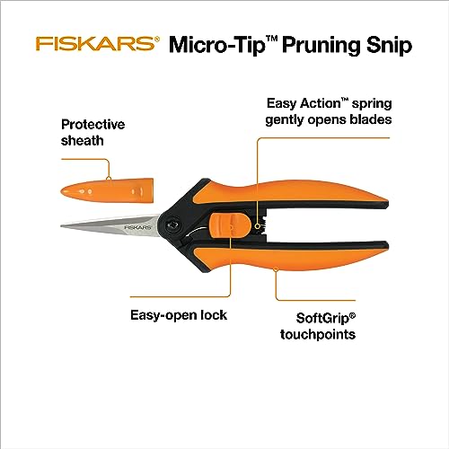 Fiskars Micro-Tip Pruning Snips - 6" Garden Shears with Sharp Precision-Ground Non-Coated Stainless Steel Blade - Gardening Tool Scissors with SoftGrip Handle