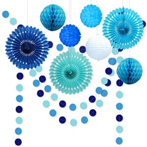 decor365 under the sea theme blue party decorations circle garlands paper fan flower tissue pom poms decoration hanging decor for ocean coastal beach baby shower boy birthday wedding kids room