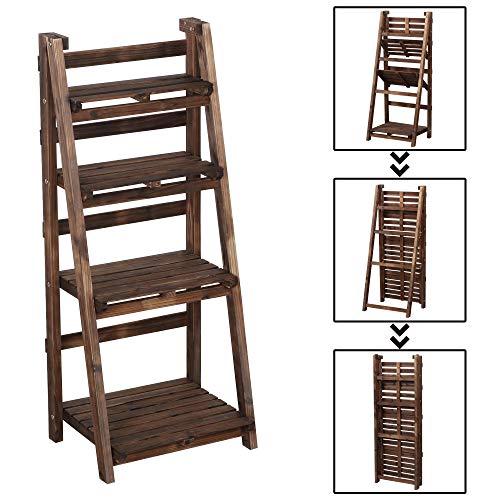 Yaheetech Wooden Foldable Ladder Shelf 4-Tier Magazine Holder Book Rack Plant Stand Folding Flower Display Pot Decorative Storage Free Standing Indoors/Outdoors Rustic No Assembly Required Brown