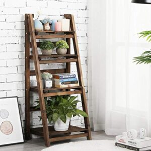 Yaheetech Wooden Foldable Ladder Shelf 4-Tier Magazine Holder Book Rack Plant Stand Folding Flower Display Pot Decorative Storage Free Standing Indoors/Outdoors Rustic No Assembly Required Brown