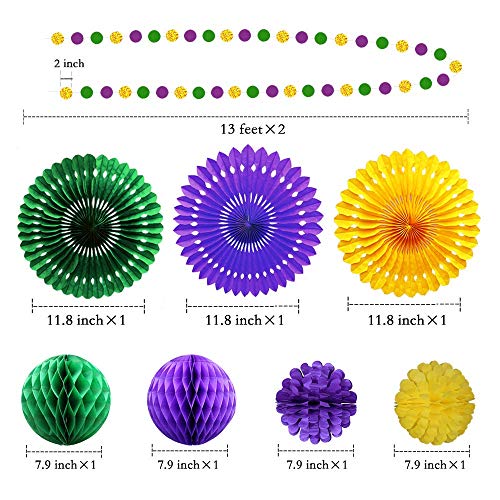 Decor365 Gold Purple Green Mardi Gras Party Decorations Glitter Circle Garlands Banner Paper Fan Tissue Pompoms Fat Tuesday/Mardi Gras Decor/Baby Shower/Birthday/Wedding/Cavinal Party Decor