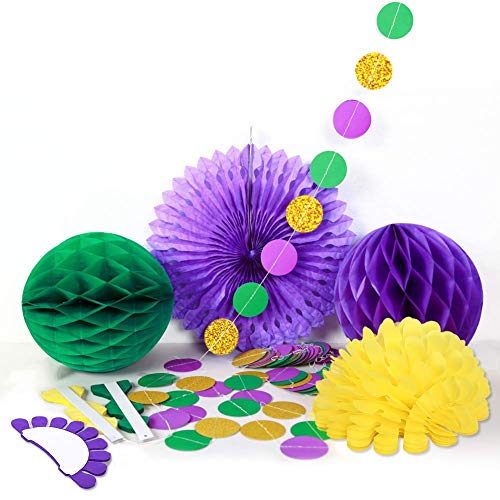 Decor365 Gold Purple Green Mardi Gras Party Decorations Glitter Circle Garlands Banner Paper Fan Tissue Pompoms Fat Tuesday/Mardi Gras Decor/Baby Shower/Birthday/Wedding/Cavinal Party Decor