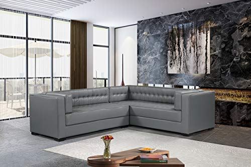 Iconic Home Lorenzo Right Facing Sectional Sofa L Shape PU Leather Upholstered Tufted Shelter Arm Design Espresso Finished Wood Legs Modern Transitional, Grey