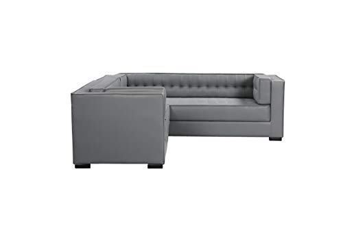 Iconic Home Lorenzo Right Facing Sectional Sofa L Shape PU Leather Upholstered Tufted Shelter Arm Design Espresso Finished Wood Legs Modern Transitional, Grey