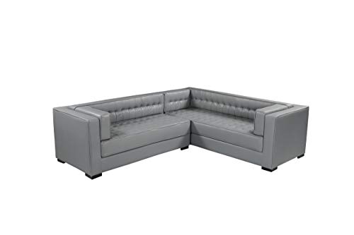 Iconic Home Lorenzo Right Facing Sectional Sofa L Shape PU Leather Upholstered Tufted Shelter Arm Design Espresso Finished Wood Legs Modern Transitional, Grey