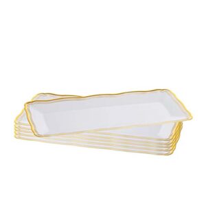 plastic serving tray | white rectangular serving trays with gold rim border, disposable heavyweight serving party platters, 13.75" x 6" 6 pack. - posh setting