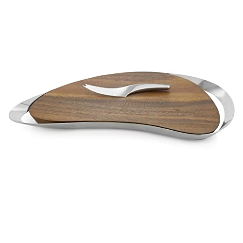 nambe Pulse Cheese Board with Knife | Made of Acacia Wood and Stainless Steel | Large Serving Set | Charcuterie and Butter Board | Serving Platter Hostess Gift in Box