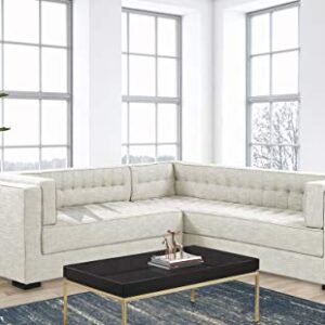 Iconic Home Lorenzo Right Facing Sectional Sofa L Shape Linen-Textured Upholstered Tufted Shelter Arm Design Espresso Finished Wood Legs Modern Transitional, Ecru