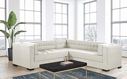 Iconic Home Lorenzo Right Facing Sectional Sofa L Shape Linen-Textured Upholstered Tufted Shelter Arm Design Espresso Finished Wood Legs Modern Transitional, Ecru