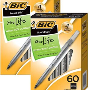 BIC Round Stic Xtra Valve Smooth Writing Ball Pen, Medium Point (1.0 mm), Black - 60 Count x 2 Pack - Total 120 Pens