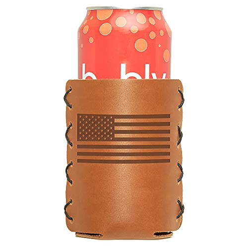 Oowee Products Leather Can Holder | Fits 12 to 16 Ounce Cans, Great for Soda, Beer and Seltzer, Great Gift for Men and Women, Genuine Leather, Made in the USA - American Flag