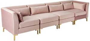 iconic home girardi modular chaise sectional sofa velvet upholstered solid gold tone metal y-leg with 6 throw pillows modern contemporary, blush