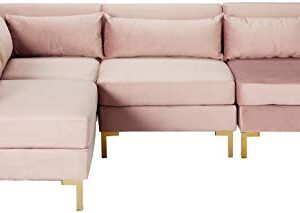 Iconic Home Girardi Modular Chaise Sectional Sofa Velvet Upholstered Solid Gold Tone Metal Y-Leg with 6 Throw Pillows Modern Contemporary, Blush