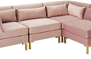 Iconic Home Girardi Modular Chaise Sectional Sofa Velvet Upholstered Solid Gold Tone Metal Y-Leg with 6 Throw Pillows Modern Contemporary, Blush