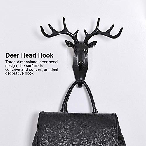 FTVOGUE 3D Deer Head Plastic Hook Keys Coat Hat Hanger Rack Holder Self-Sticking Wall Mount for Home Room Decor[Black],Coat Hanger