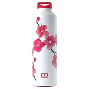 monbento - insulated water bottle mb steel blossom 17 oz - stainless steel - leakproof - infuser - hot/cold for up to 12 hours - tea, coffee - bpa free - food grade safe - japanese flowers - white red