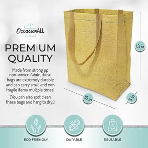 Gold Gift Bags - 12 Pack Large Gold Reusable Gift Bag Tote with Handles, Glitter Metallic Bling Shimmer, Eco Friendly for Birthday Parties, Bridesmaids, Party Favors, Grocery Shopping - 10x5x13