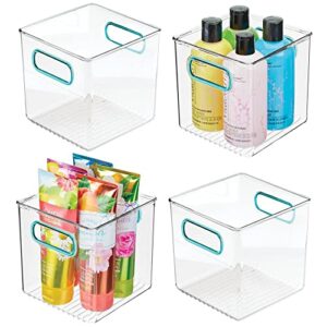 mdesign plastic storage organizer container cube bin holders with handles - for bathroom vanity countertops, shelves, cabinets organization - 4 pack - clear/blue