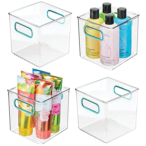 mDesign Plastic Storage Organizer Container Cube Bin Holders with Handles - for Bathroom Vanity Countertops, Shelves, Cabinets Organization - 4 Pack - Clear/Blue