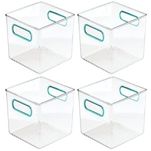 mDesign Plastic Storage Organizer Container Cube Bin Holders with Handles - for Bathroom Vanity Countertops, Shelves, Cabinets Organization - 4 Pack - Clear/Blue