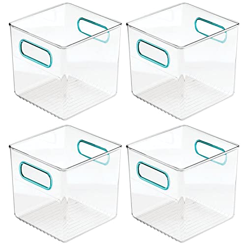 mDesign Plastic Storage Organizer Container Cube Bin Holders with Handles - for Bathroom Vanity Countertops, Shelves, Cabinets Organization - 4 Pack - Clear/Blue