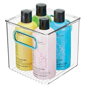 mDesign Plastic Storage Organizer Container Cube Bin Holders with Handles - for Bathroom Vanity Countertops, Shelves, Cabinets Organization - 4 Pack - Clear/Blue