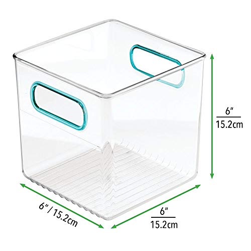 mDesign Plastic Storage Organizer Container Cube Bin Holders with Handles - for Bathroom Vanity Countertops, Shelves, Cabinets Organization - 4 Pack - Clear/Blue