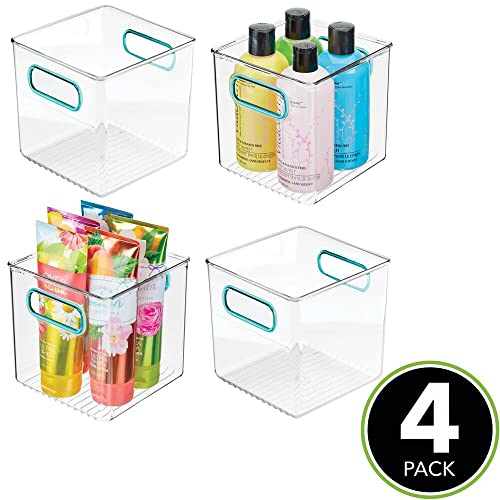 mDesign Plastic Storage Organizer Container Cube Bin Holders with Handles - for Bathroom Vanity Countertops, Shelves, Cabinets Organization - 4 Pack - Clear/Blue