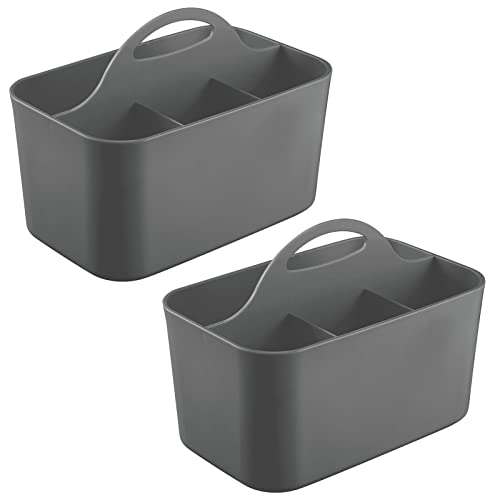 mDesign Plastic Small Office Storage Organizer Utility Tote Caddy with Handle for Cabinets, Desks, Workspaces - Hold Desktop Office Supplies, Pencils, Staplers Lumiere Collection, 2 Pack, Dark Gray
