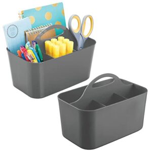 mdesign plastic small office storage organizer utility tote caddy with handle for cabinets, desks, workspaces - hold desktop office supplies, pencils, staplers lumiere collection, 2 pack, dark gray