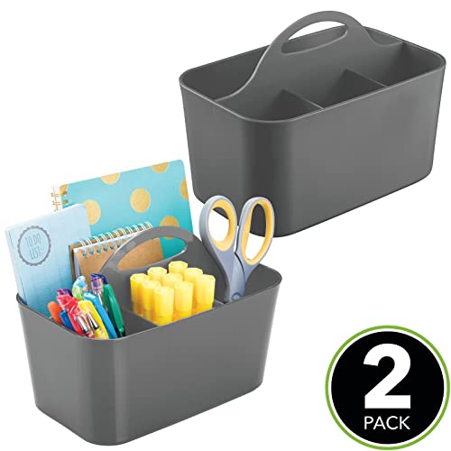 mDesign Plastic Small Office Storage Organizer Utility Tote Caddy with Handle for Cabinets, Desks, Workspaces - Hold Desktop Office Supplies, Pencils, Staplers Lumiere Collection, 2 Pack, Dark Gray